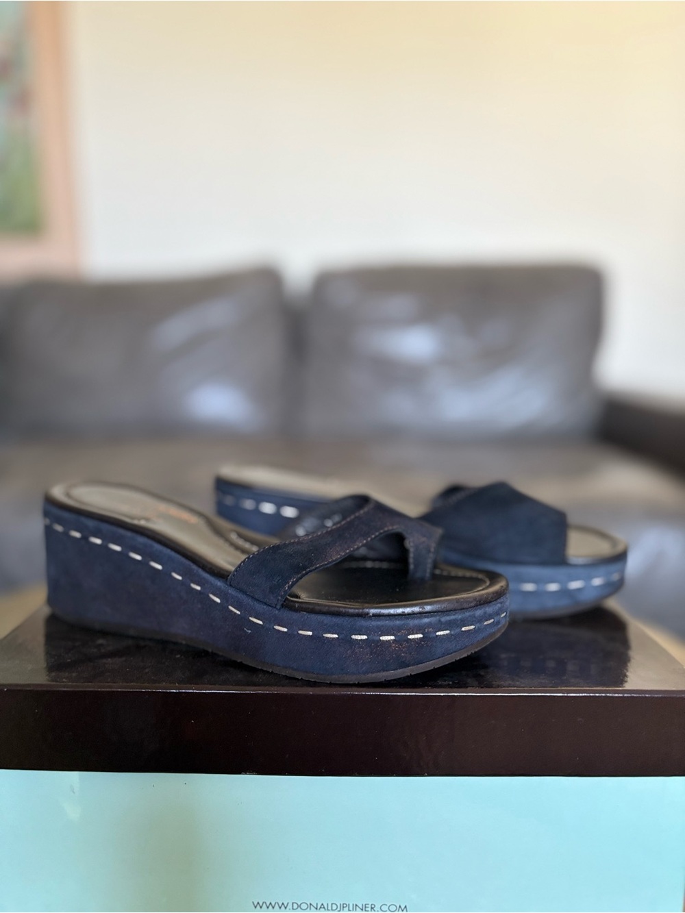 Donald J Pliner Salya Navy Metallic Suede Platform Wedge Sandals Size 6